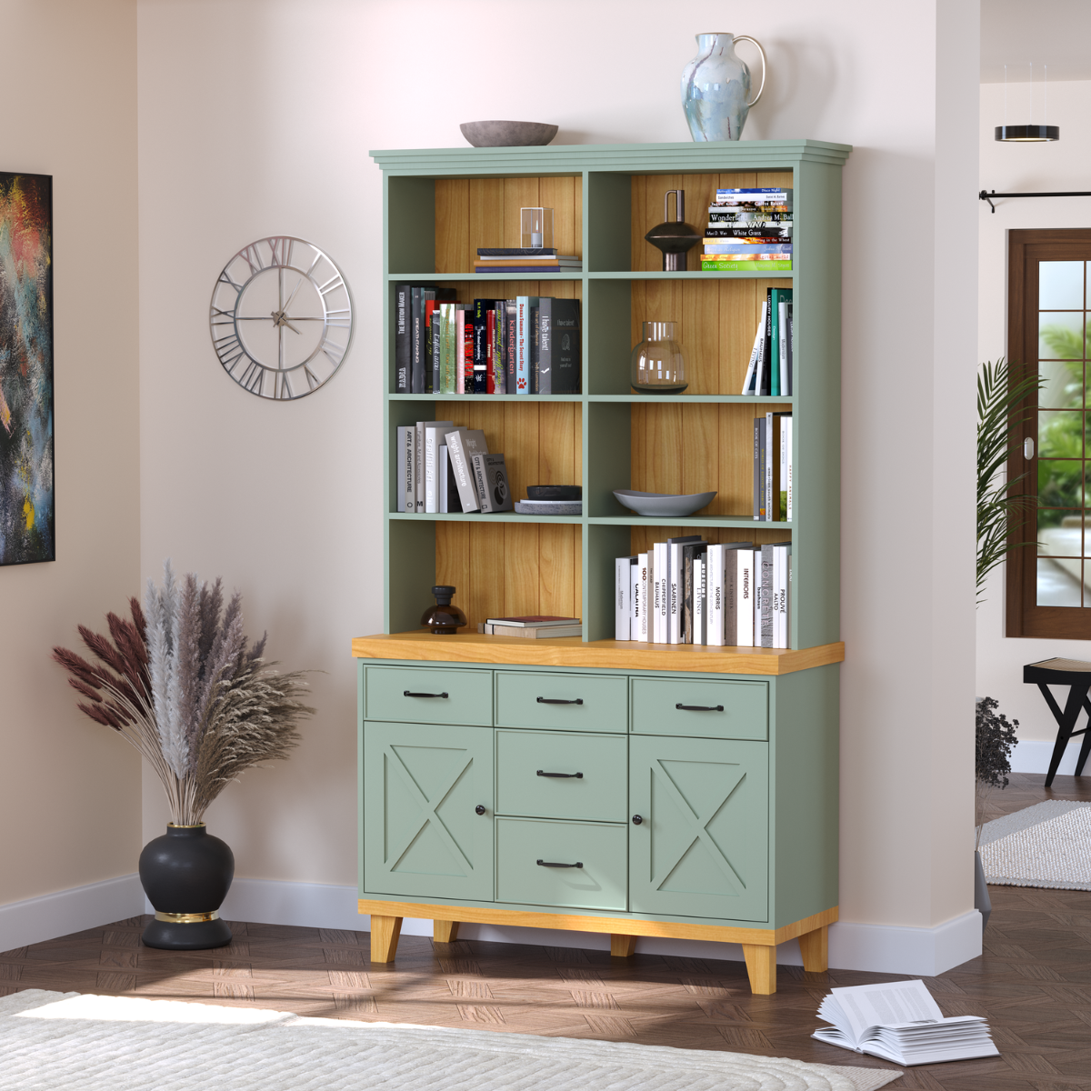 BARN | ספריית אחסון כפרית עם מדפים פתוחים מגירות ודלתות אסם - 120 ס״מ - ספריה