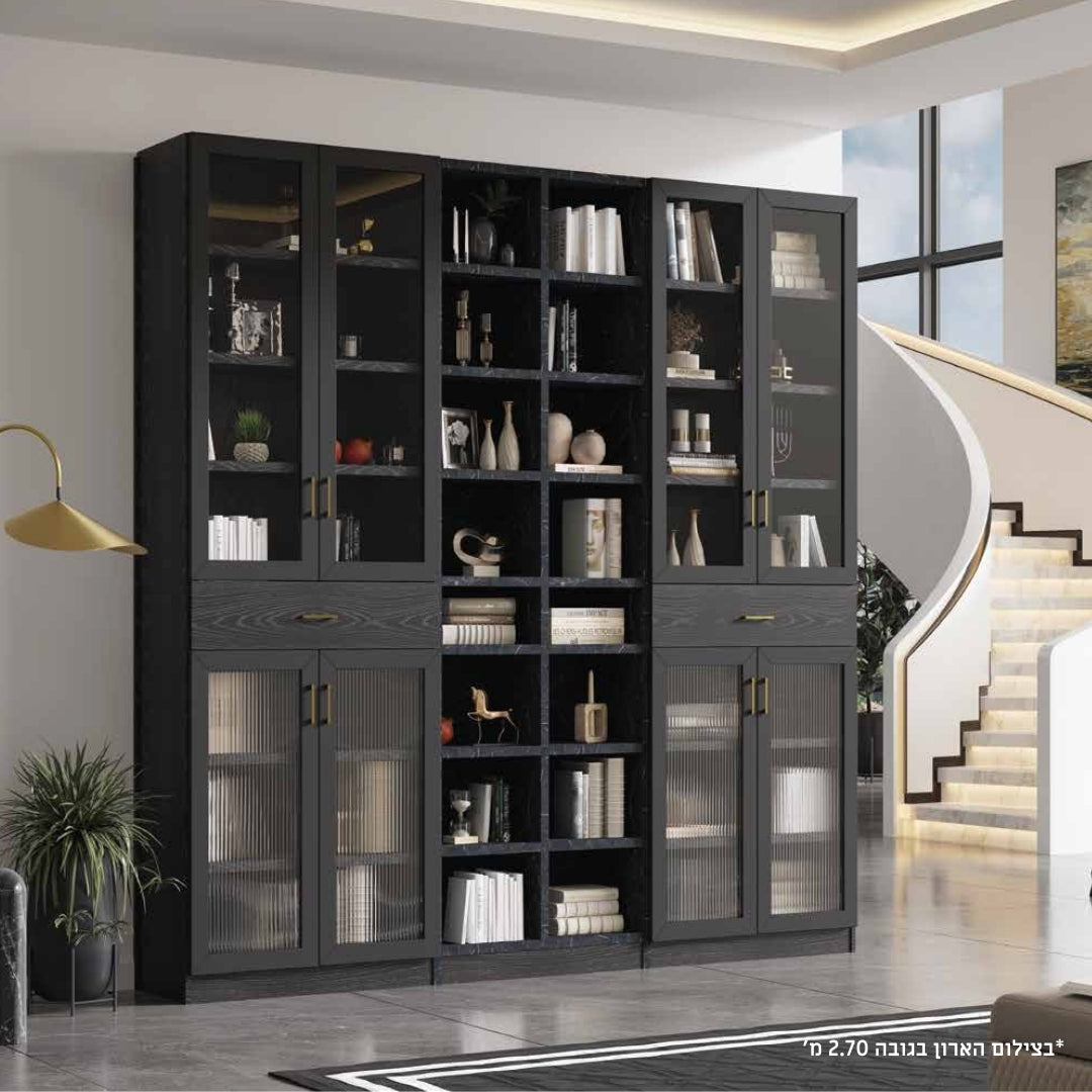 FOREST | ספריה מעוצבת לסלון עם דלתות זכוכית רטרו ומגירות - 240 ס"מ - 6 דלתות   - אשריאן | ASHERIAN