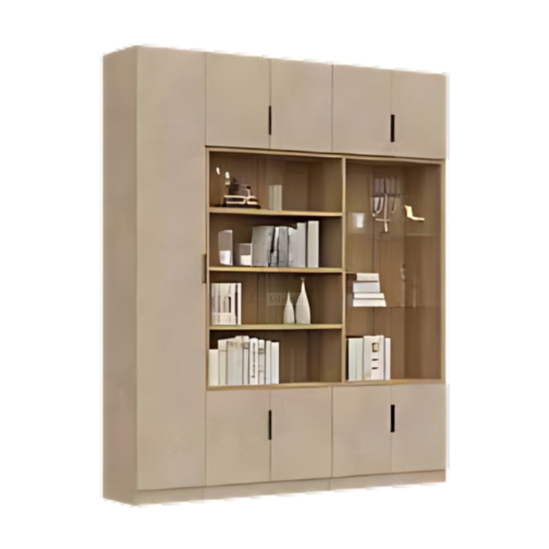 GEFEN | ספריה לסלון עם מדפים פתוחים ותא תצוגה - 200 ס"מ - 5 דלתות   - אשריאן | ASHERIAN