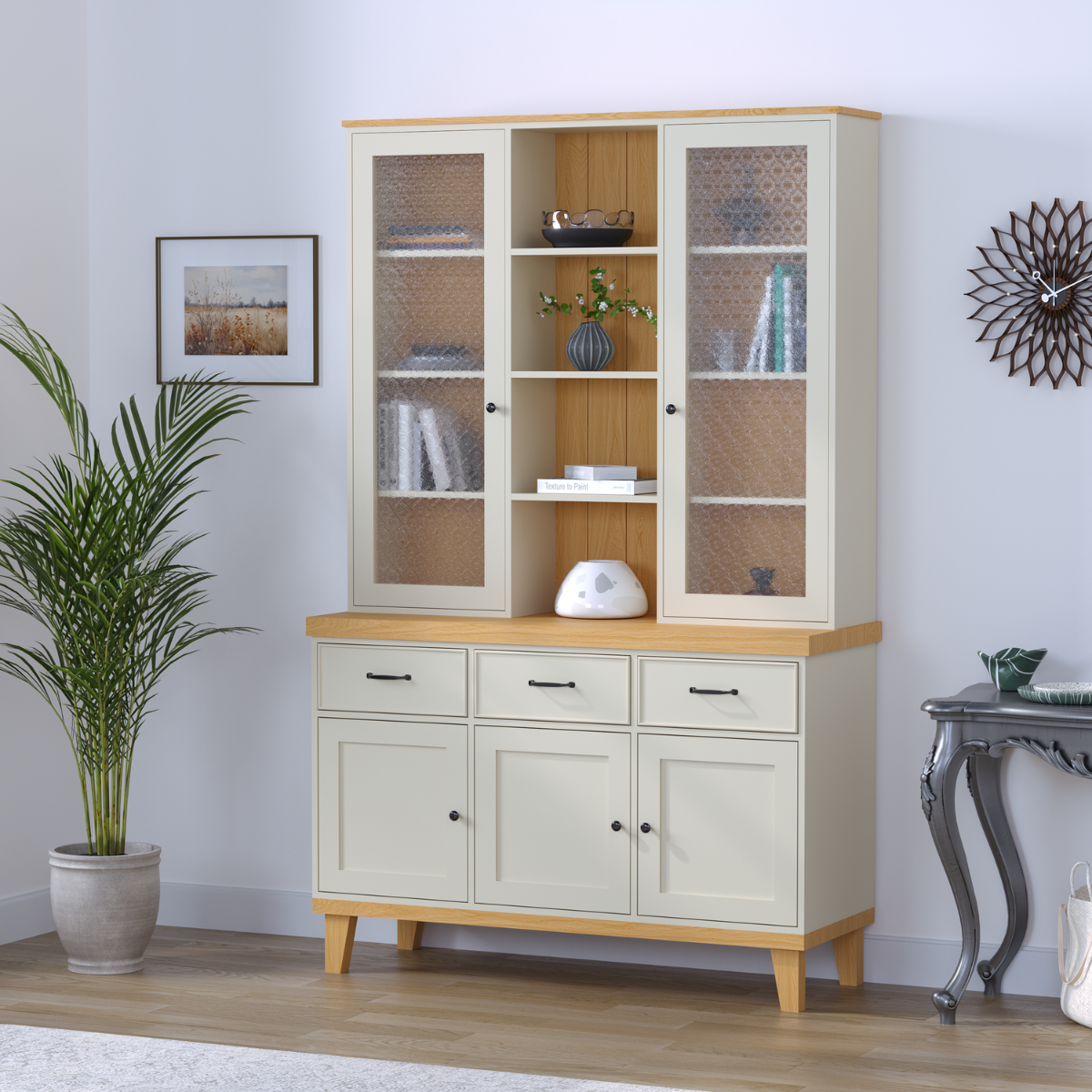 HUSKY | שידת ספריה כפרית עם דלתות זכוכית סבתא ורגלי עץ - 140 ס״מ - 3 מגירות 2 ותא פתוח - שידה