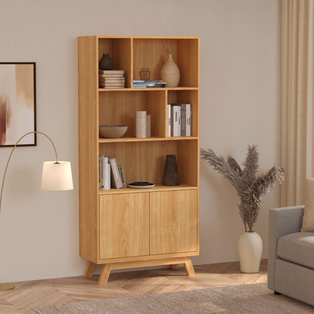 JURN | ספרייה גבוהה א-סימטרית מעץ עם דלתות אחסון - 90 ס״מ - יחידת מדפים