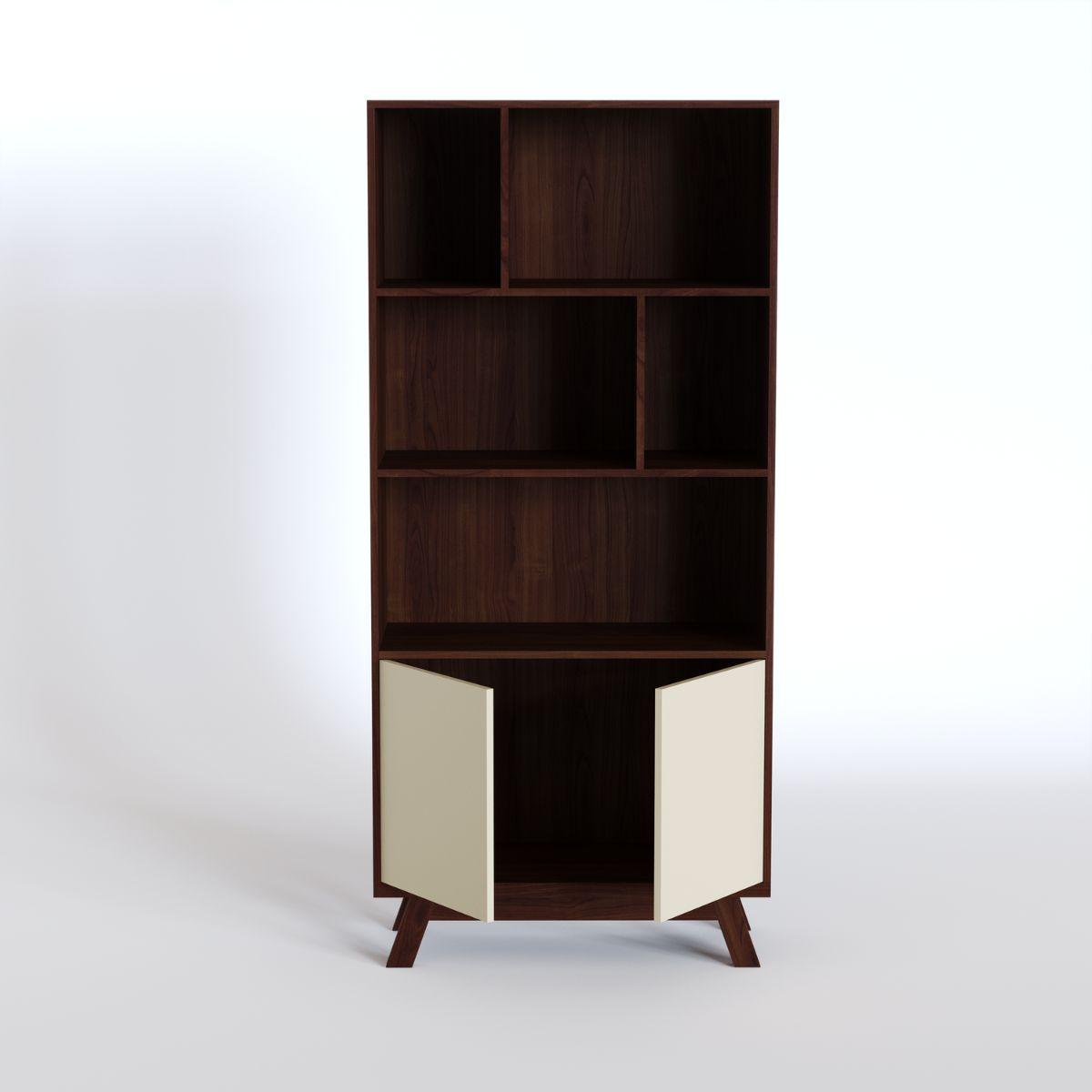 JURN | ספרייה גבוהה א-סימטרית מעץ עם דלתות אחסון - 90 ס״מ - יחידת מדפים