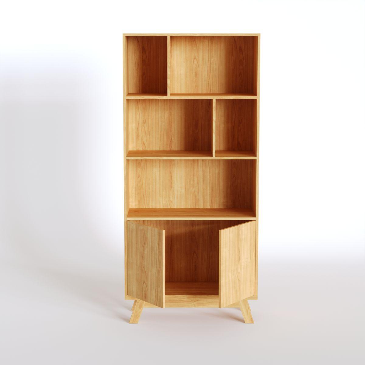 JURN | ספרייה גבוהה א-סימטרית מעץ עם דלתות אחסון - 90 ס״מ - יחידת מדפים