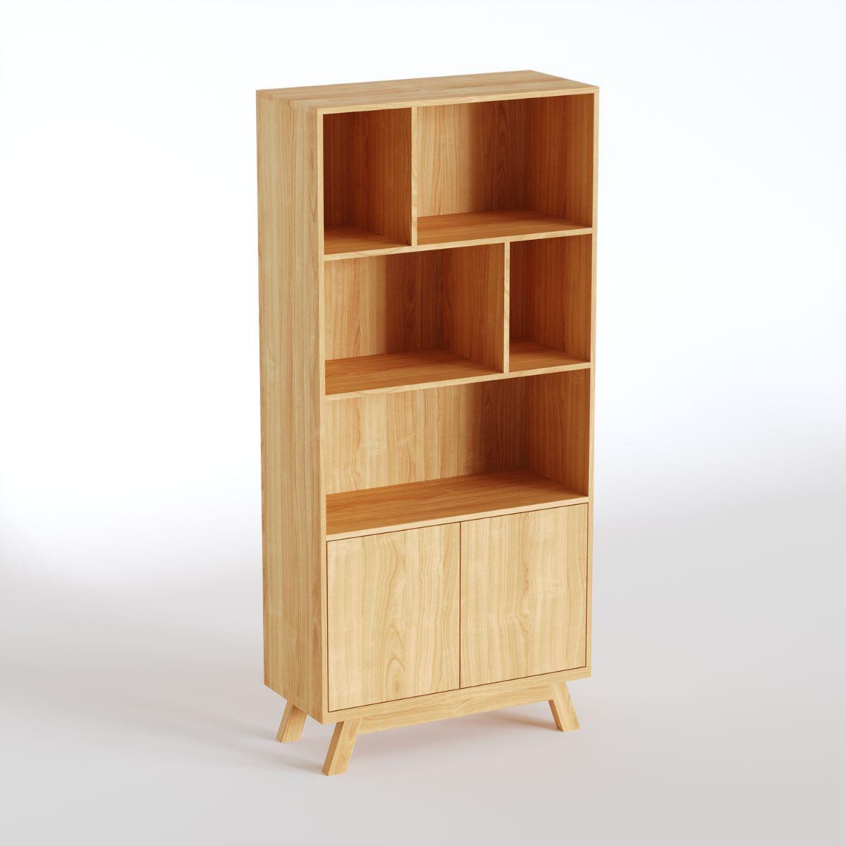 JURN | ספרייה גבוהה א-סימטרית מעץ עם דלתות אחסון - 90 ס״מ - יחידת מדפים