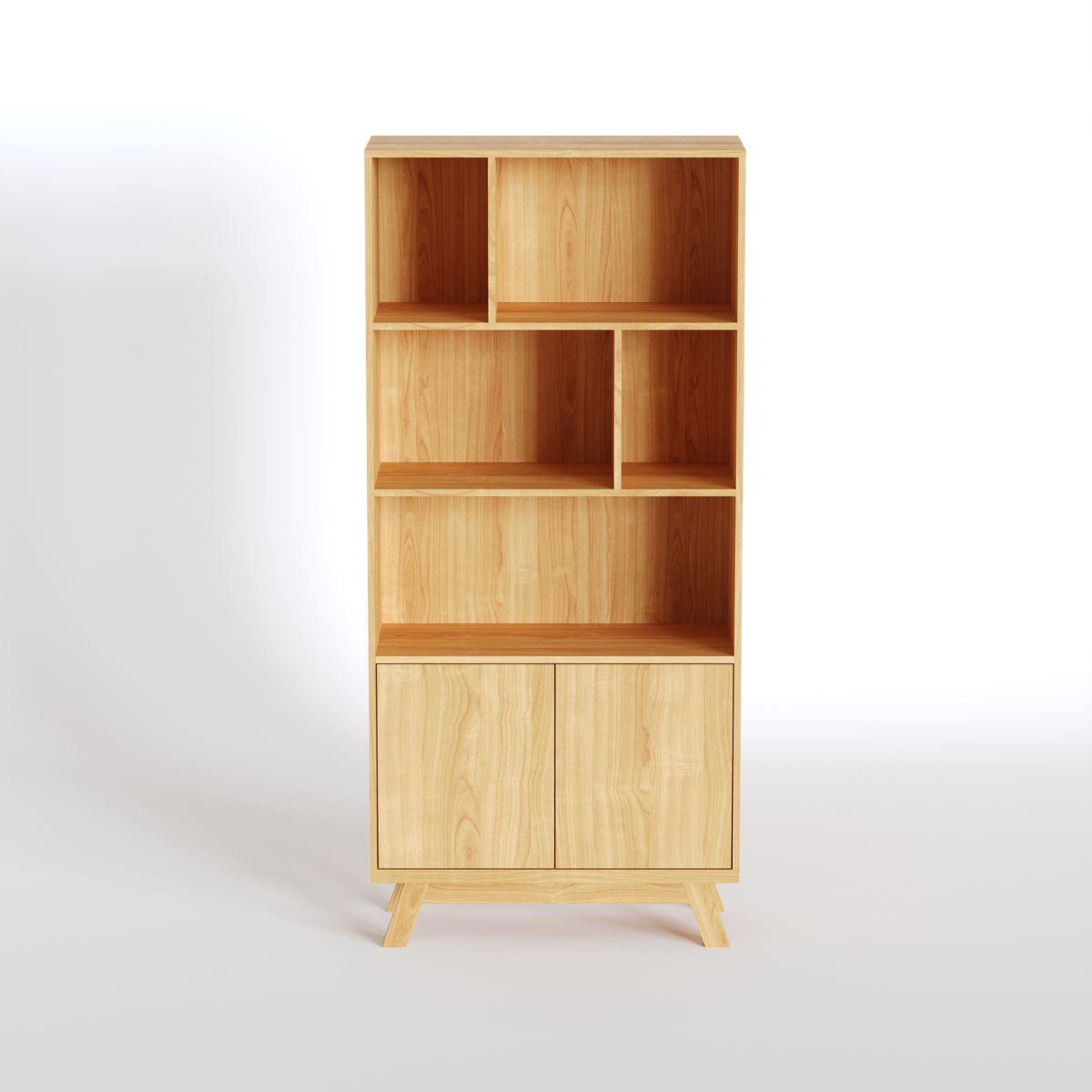 JURN | ספרייה גבוהה א-סימטרית מעץ עם דלתות אחסון - 90 ס״מ - יחידת מדפים