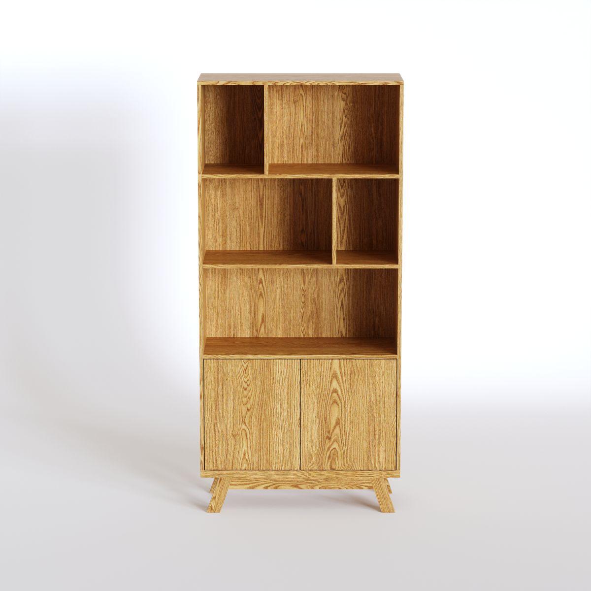 JURN | ספרייה גבוהה א-סימטרית מעץ עם דלתות אחסון - 90 ס״מ - יחידת מדפים