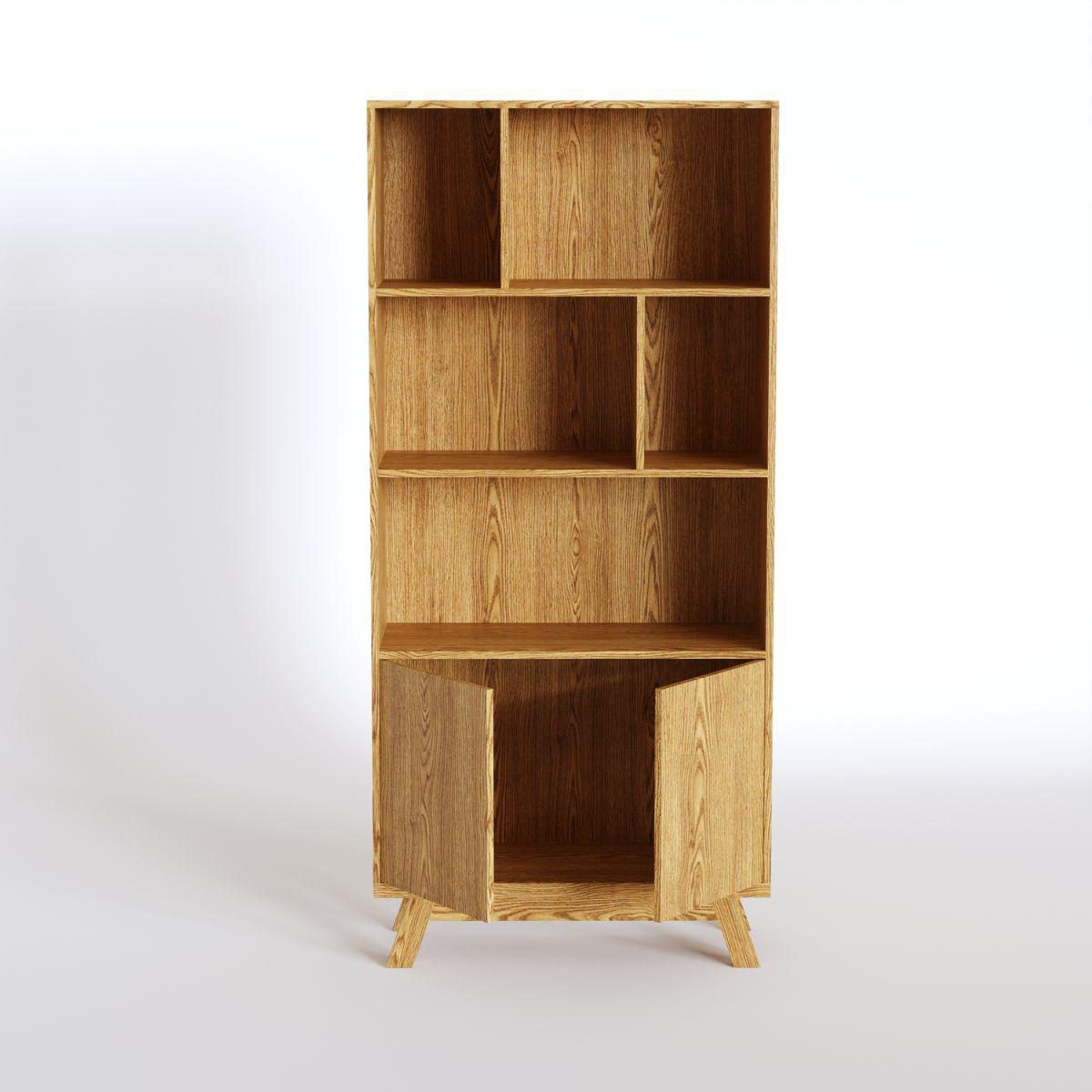 JURN | ספרייה גבוהה א-סימטרית מעץ עם דלתות אחסון - 90 ס״מ - יחידת מדפים