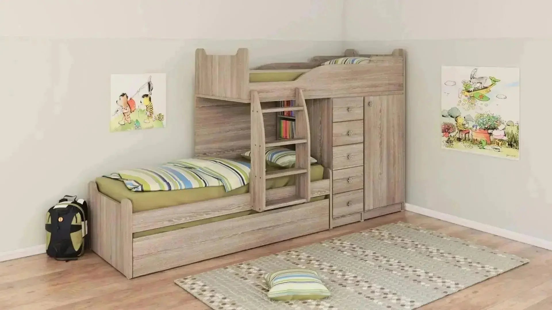 לידור | מיטת קומותיים נפתחת עם ארון ומגירות לאחסון -    - אשריאן | ASHERIAN