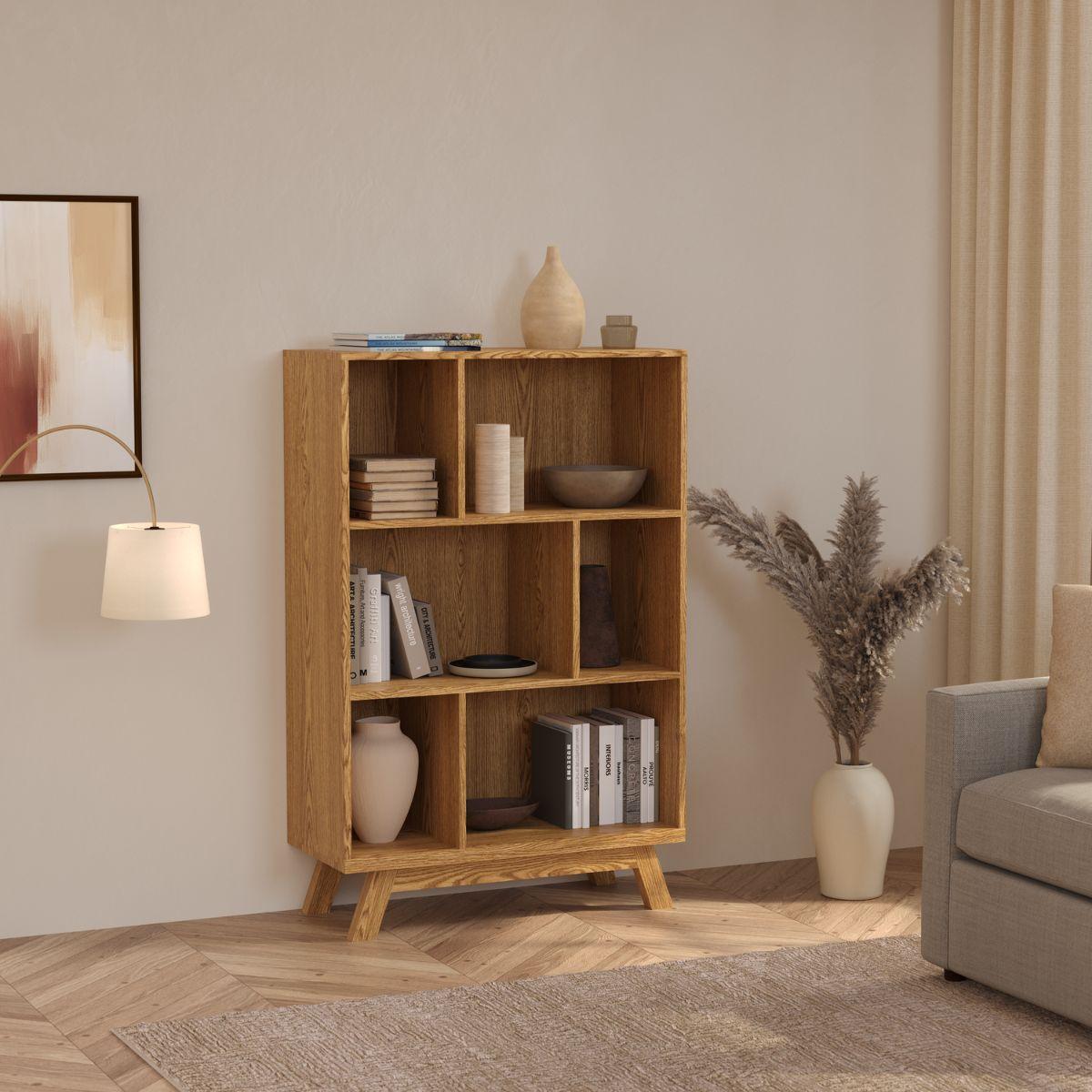 LINN | יחידת מדפים נמוכה א-סימטרית מפורניר עץ - 90 ס״מ