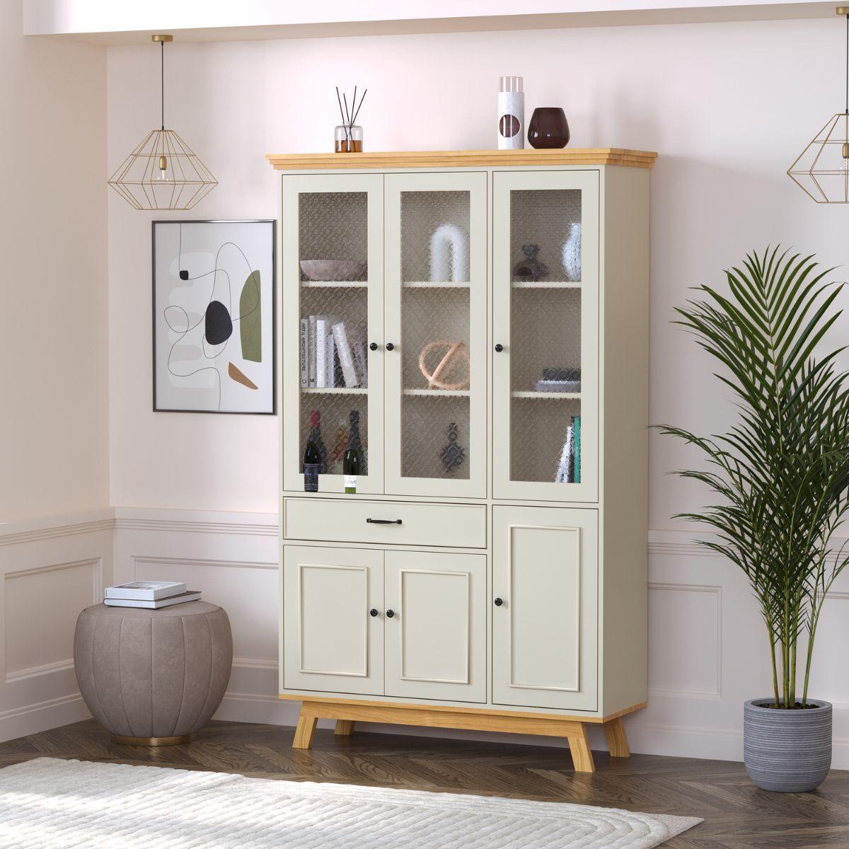 MEVEN | ויטרינה כפרית גבוהה עם דלתות זכוכית סבתא ומגירות - 90 ס״מ - ארון