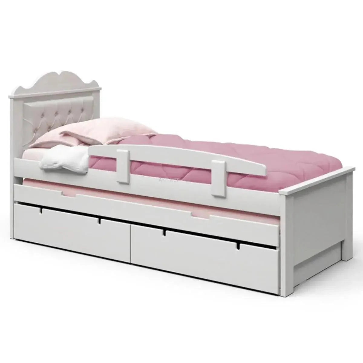 PAZIT | מיטת ילדים בריפוד קפיטונאז' עם מיטת חבר נפתחת ומגירות + מזרנים במתנה רהיטי עין חרוד - 90/190 ס״מ לבן אטום  - אשריאן | ASHERIAN