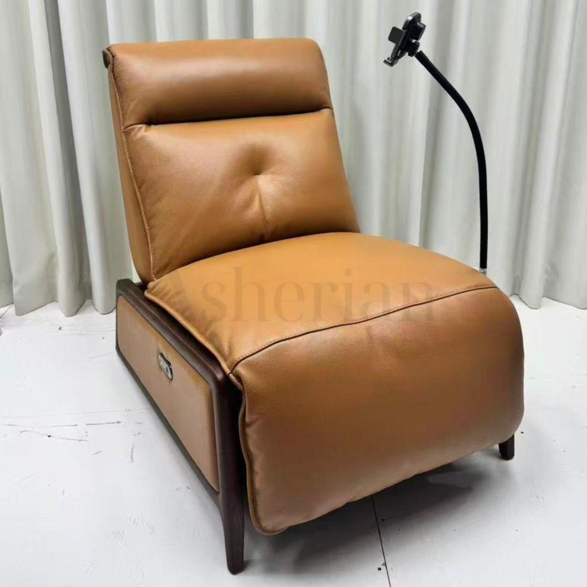 PRIME | כורסת ריקליינר יוקרתית חשמלית מילוי נוצות עור אמיתי וסוללה נטענת - כאמל