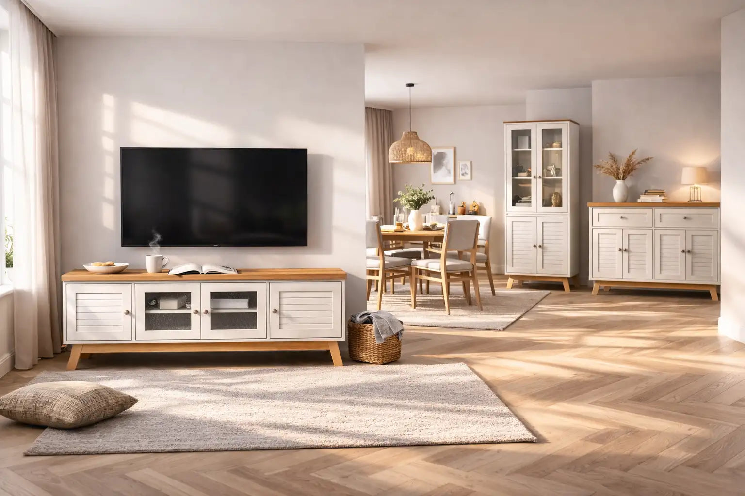 קונסולת מדיה בצבע לבן וגווני עץ עם ארונות בעלי חזית זכוכית וטלוויזיית מסך שטוח מותקנת מעליה