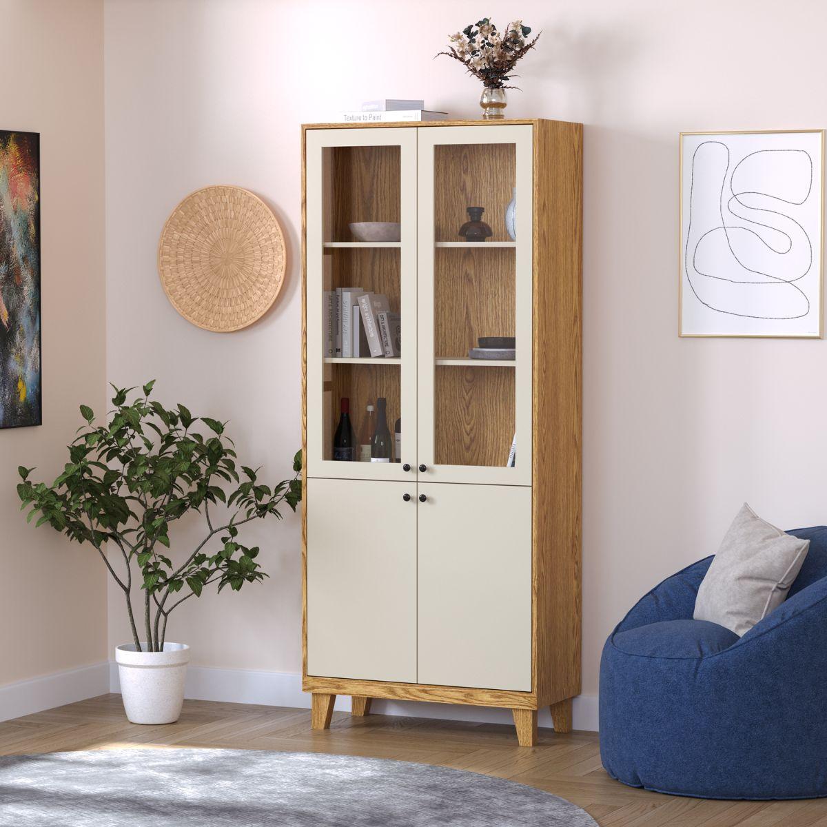 REVEN | ויטרינה סקנדינבית גבוהה עם זכוכית שקופה ופורניר עץ - 90 ס״מ - ארון