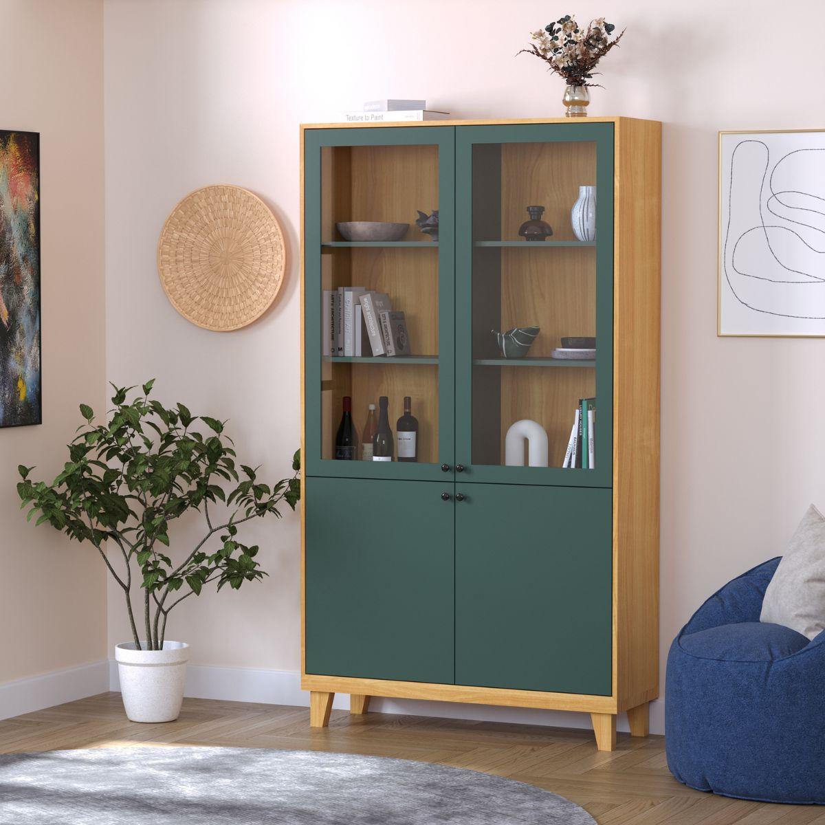 REVEN | ויטרינה סקנדינבית גבוהה עם זכוכית שקופה ופורניר עץ - 90 ס״מ - ארון