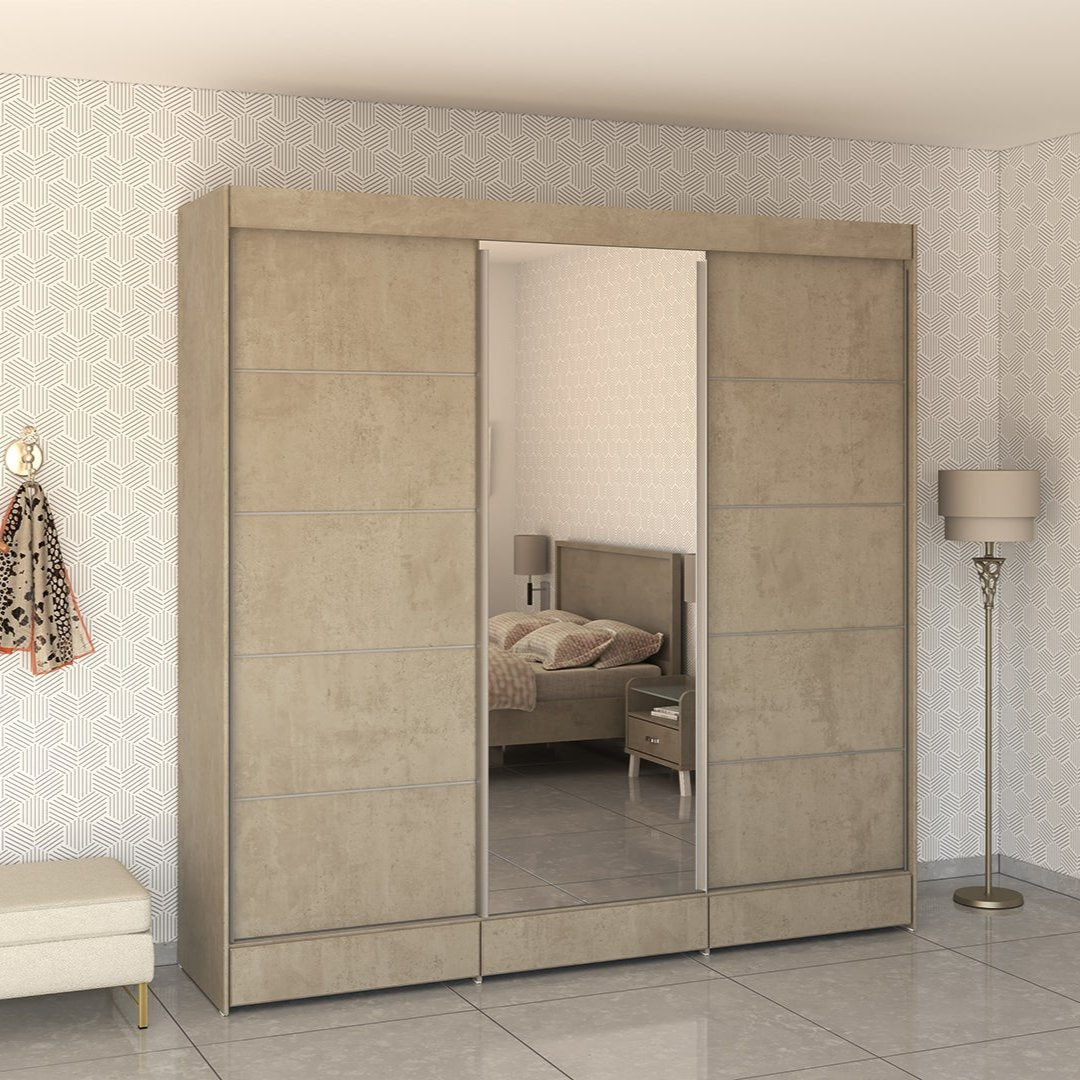Sand | ארון הזזה איכותי עם מגירות חיצוניות ומראה MDF - 240 ס״מ - 3 דלתות   - אשריאן | ASHERIAN