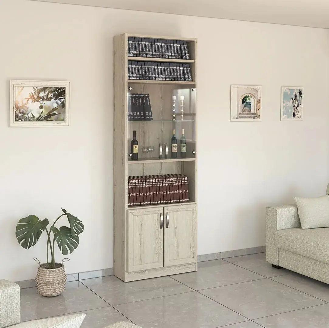 K34 | ספריה מעוצבת ברוחב 80 ס"מ עם 2 דלתות זכוכית מלאה -    - אשריאן | ASHERIAN