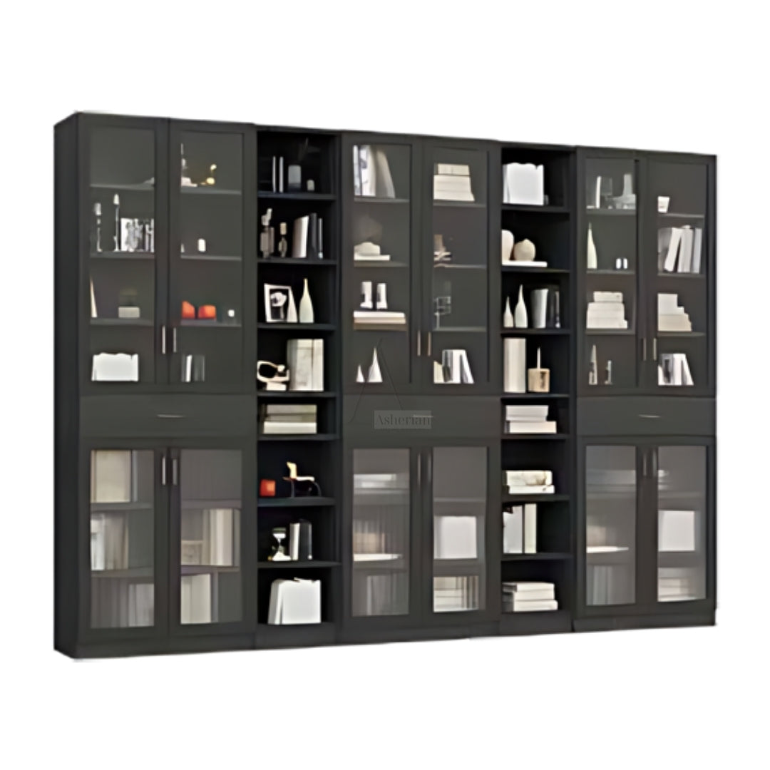 FOREST | ספריה מעוצבת לסלון עם דלתות זכוכית רטרו ומגירות - 320 ס"מ - 8 דלתות   - אשריאן | ASHERIAN