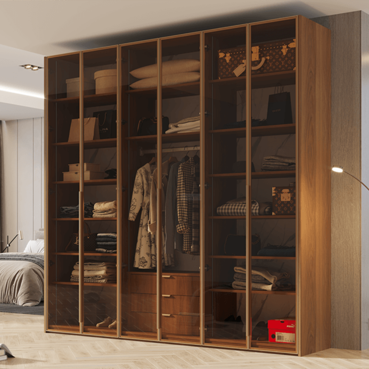 VERG | ארון פתיחה מודרני עם תאורה מובנית ודלתות אלגנטיות - 240 ס״מ - 6 דלתות / אגוז