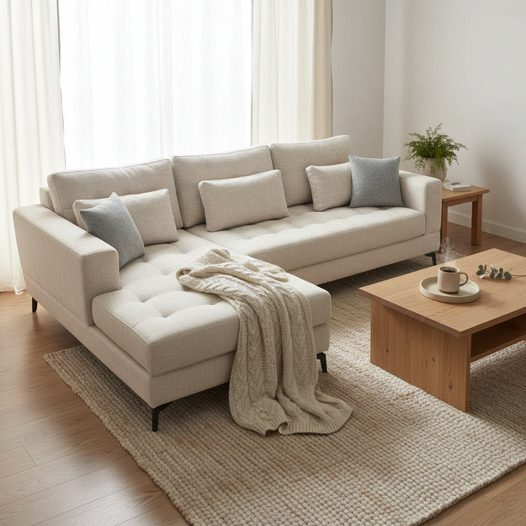 YULI | ספה פינתית נורדית עם שזלונג רחב וריפוד בד