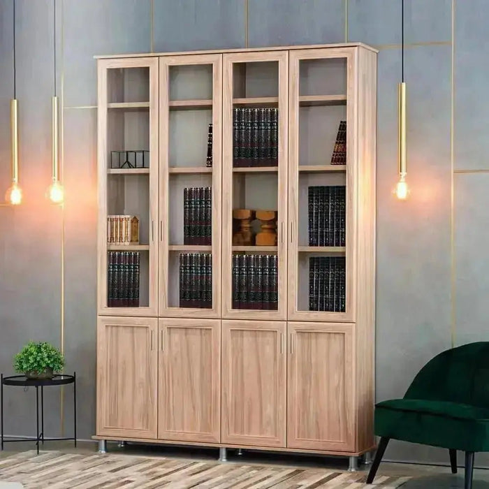 ארון ספרים מעוצב מסנדוויץ' דגם רבקה עם 4 דלתות זכוכית ובמה - Asherian | אשריאן רהיטים