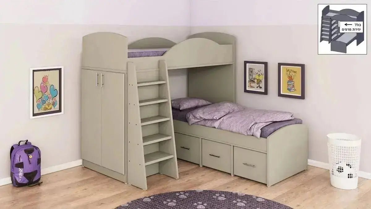 עומרי | מיטת קומותיים פינתית בצורת ר' עם ארון ומגירות אחסון - Asherian | אשריאן רהיטים